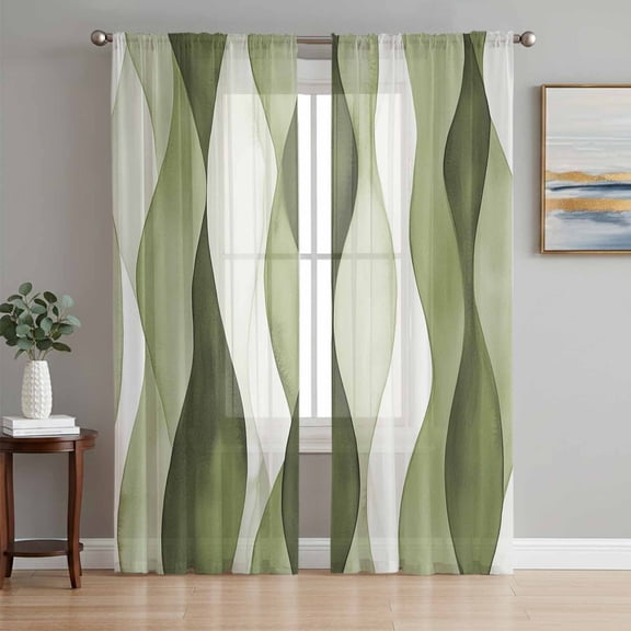 Sage Green Gradient Stripes Chiffon Sheer Curtains 84 Inches Long, Abstract Water Ripple 2 Rod Pocket Window Treatment Voile Drapes Curtains for Living Room Bedroom,2 Panels, 52x84In