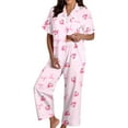 thumbnail image 3 of Womens Christmas Pajamas Set Two Piece Outfits Satin Short Sleeve Button Down Shirts Casual Pants Silk Sleepwear Loungewear Nightwear Pink S, 3 of 6