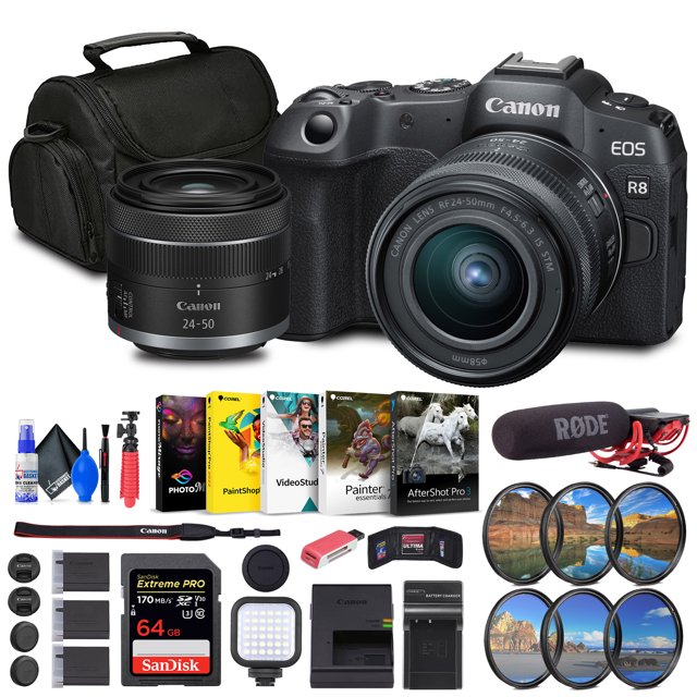Canon EOS R8 Mirrorless Camera with RF 24-50mm Lens + 64GB Card + Bag + Charger + Battery + More(International Model)