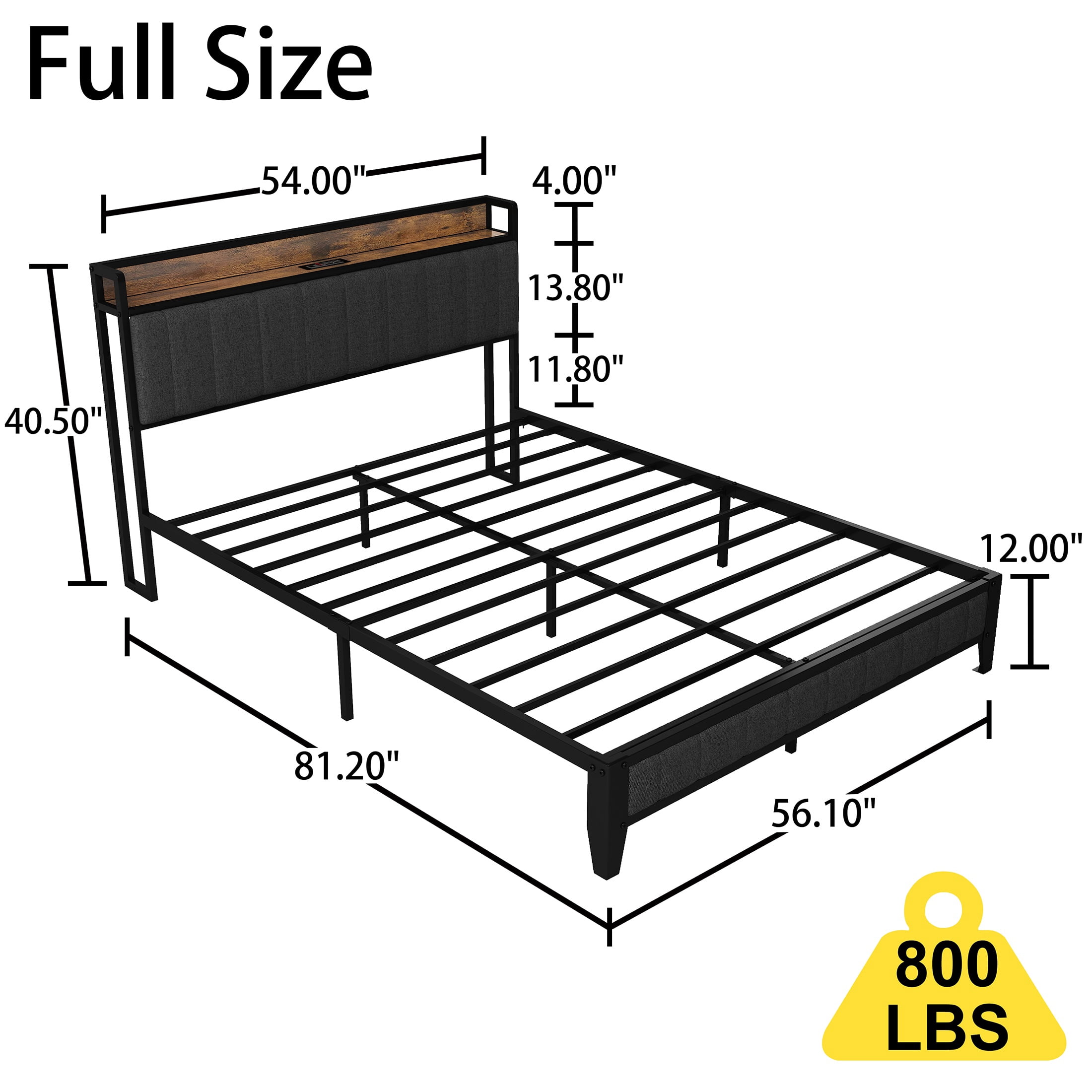 PORKISS Full Size Bed Frame, Metal Platform Bed with Upholstered Headboard and Charging Station, Modern Full Bed Frame with Metal Slats for Adults, No Box Spring Needed, Dark Grey
