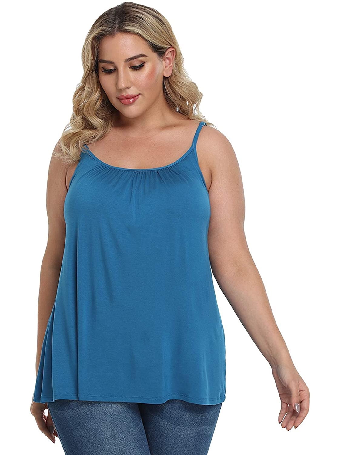 S-4XL Women's Cami with Built in Bra Cup Casual Flowy Swing Pleated Tank Top with Adjustable Strap 