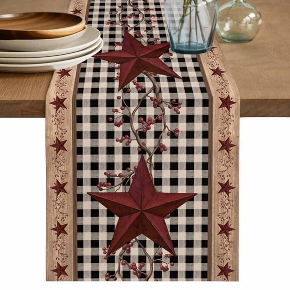 Table Runner 70 Inches Long for Kitchen Dining, Red Texas Star Farmhouse Dresser Scarf Farmhouse, Dining Table Decorations for Wedding/Parties, Black Plaid Berry Country 13 x 70 In