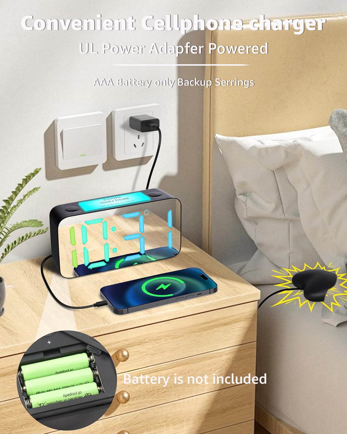 Annvch Extra Loud RGB Alarm Clock for Heavy Sleeper Hearing Impaired Deaf Bedroom, Rainbow Vibrating Dual Alarm with Bed Shaker,7-Color Night Light,USB Charger,Power-Off Memory