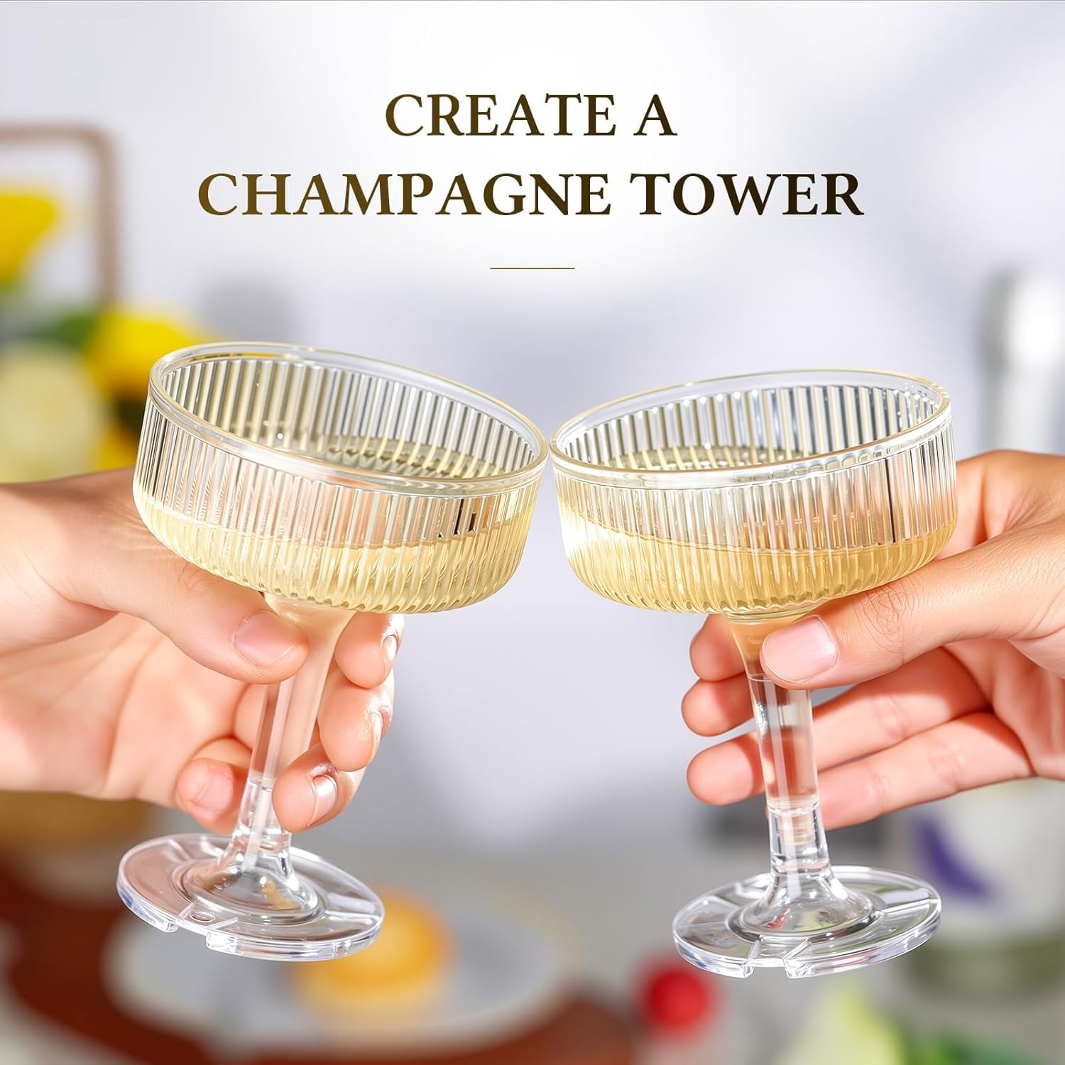 Champagne Tower - Clear Plastic Champagne Flutes, Butterfly Shape with Vertical Stripes for Weddings, Celebrations, Parties