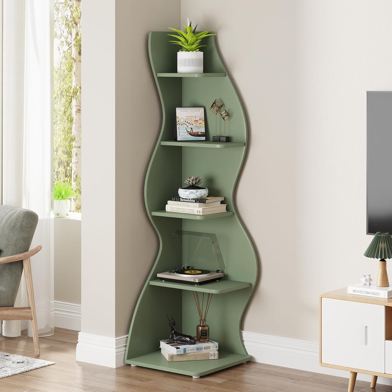 Tribesigns Corner Shelf, 5-Tier Modern Corner Bookshelf Bookcase Plant Stand for Living Room, Home Office (Sage Green)