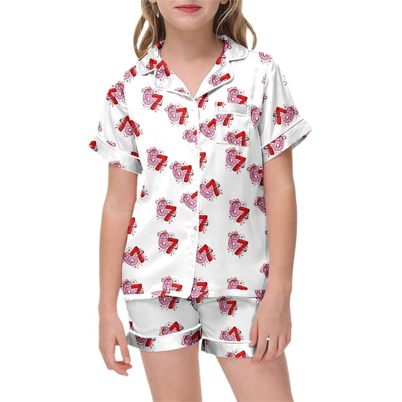 XUELUO Little Girls Outfit Set 2-Piece Short Sleeve Lapel Collar Tops Shorts Number 67 Print Summer Cool Clothes Cute Sleepwear