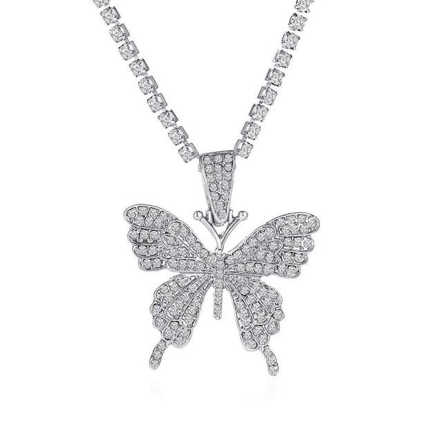 Collar con colgante de mariposa cubana con temperamento y diamantes de agua y mariposa de estilo hip hop