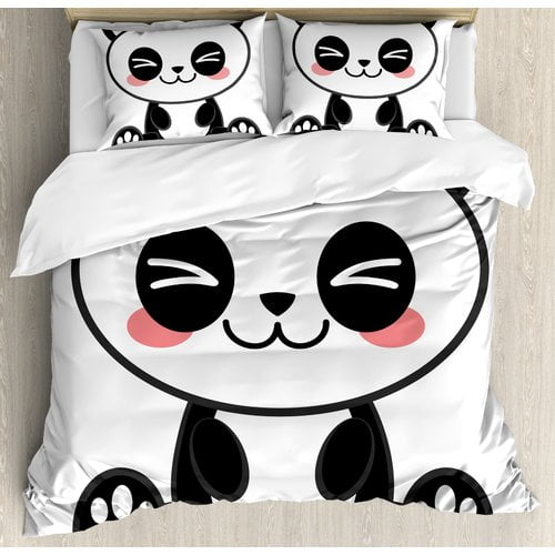 Ambesonne Anime Cute Cartoon Smiling Panda Duvet Cover Set