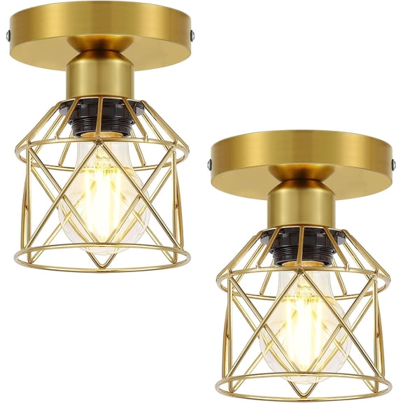 2 Pack Semi Flush Mount Ceiling Light with 2 LED Bulbs Rustic Flush Mount Ceiling Light Fixture with Gold Metal Cage for Bedroom Closet Entryway