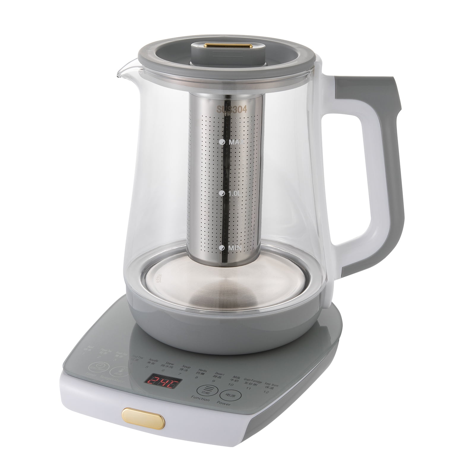 Electric Tea Kettle, 1.8L Glass Tea Maker with 304 Stainless Steel Filter, 12 Preset Functions and Digital Display for Home and Office Use