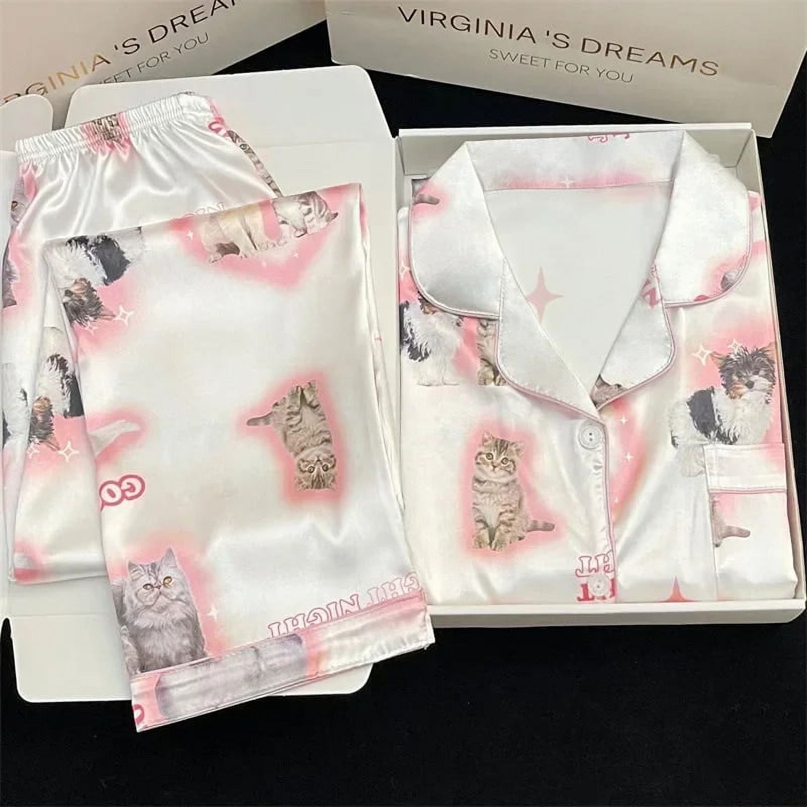 Kawaii youth girl s pjs satin homewear long short fashion pyjama Cute Cat Print Summer New Thin Pajamas for Women Silk Home Set Walmart