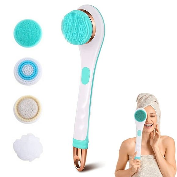 Electric Shower Brush Rechargeable Rotating Long Handle Back Scrubber Suitable for Body Cleansing Exfoliation Waterproof and Non-Slip with 4 Types of Brush Heads