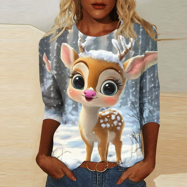 Ounisa T-Shirts de Noël pour Femmes Amusants Flocon de Neige Orignal Corne d'Orignal Orignal Grande Taille Manches 3/4 Hauts Mignons Col Rond Vacances T-Shirt Sapin de Noël