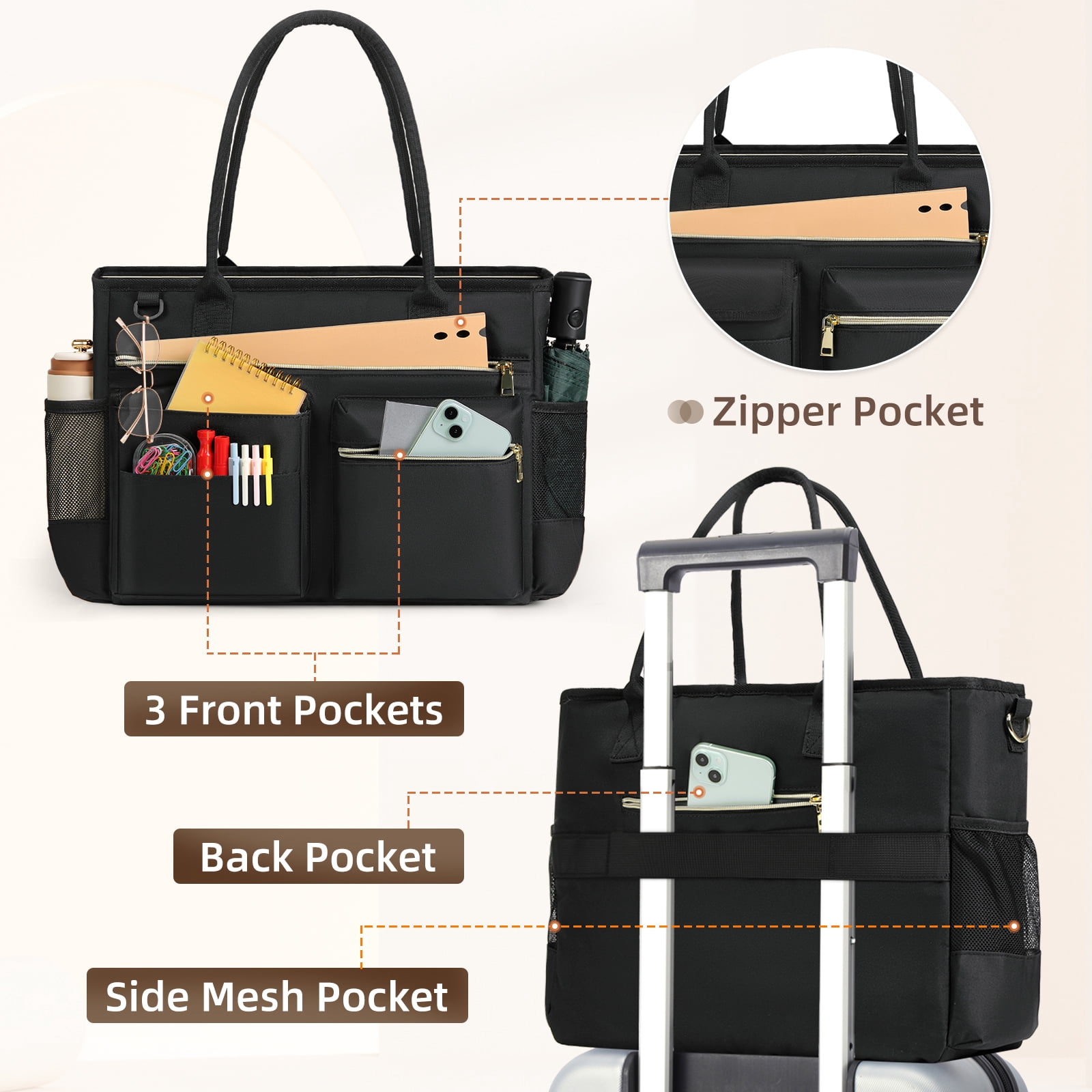RAINSMORE Laptop Bag for Women 15.6 Inch Teacher Tote Bag Nurse Bag Laptop Tote Briefcase Messenger Shoulder Bags Large Handbag Business Office Work,Black