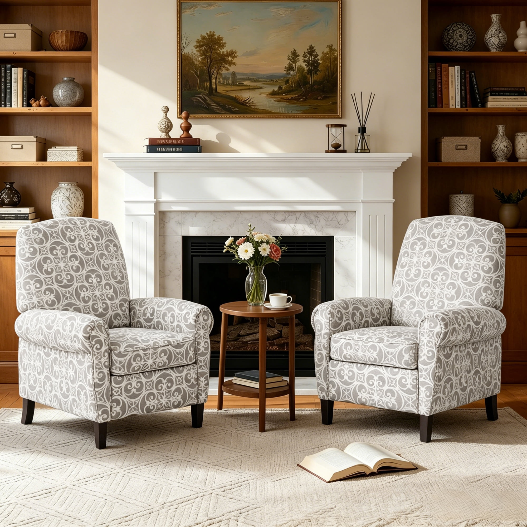 Gewnee 33.46" Manual Push Back Recliner Chair,Modern Reclining Chair With Printed Linen Fabric Upholstery,Single Chair for Living Room,Office,Bedroom.Gray