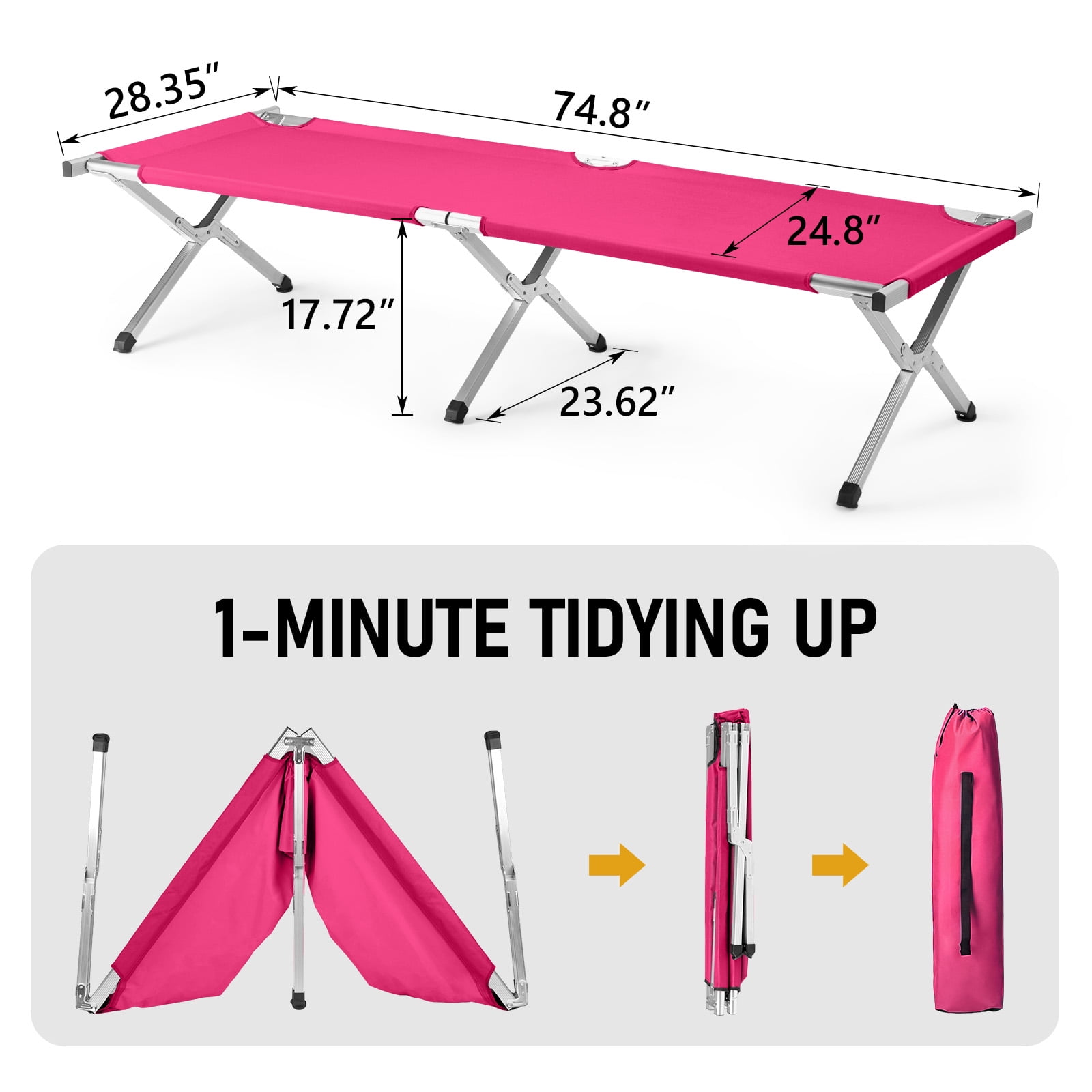 Portable Folding Camping Cot, Premium Aluminum Tube Oxford Fabric Cot, Lightweight Space Saving Cot with Carrying Bag, Pink Camping Cot for Outdoor Camping Activities