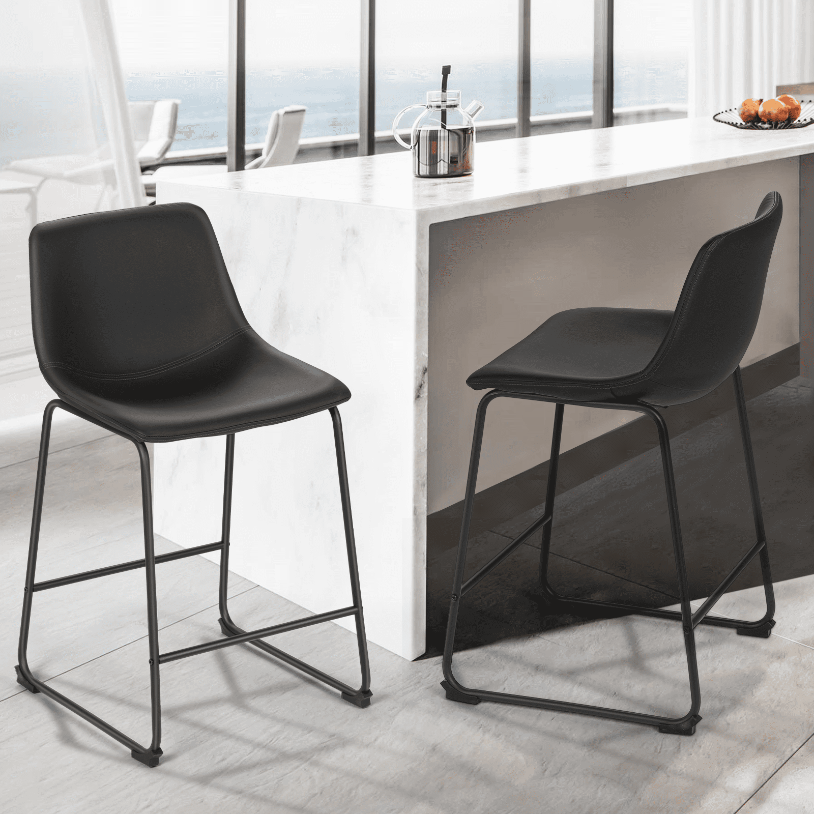 Magshion Modern Barstools Set of 4, PU Leather Counter Height Bar Stools, Dining Pub Chairs with Padded Bucket Seat, Black