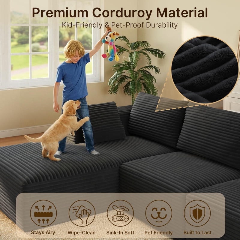 135" U/L Shaped Corduroy Modular Sofa, Frameless Memory Foam Deep Seating with Movable Ottoman, Black
