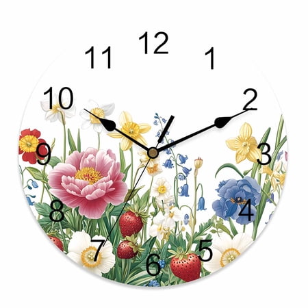 Silent Wall Clocks Battery Operated, Boho Floral Print Round Decorative Wall Clock for Living Room Bedroom Kitchen Bathroom Classroom Decor, 10 Inch Peony Strawberry