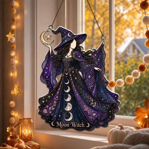 Suncatcher Moon Witch Acrylic Window Hanging for Halloween Decor and Music Lovers