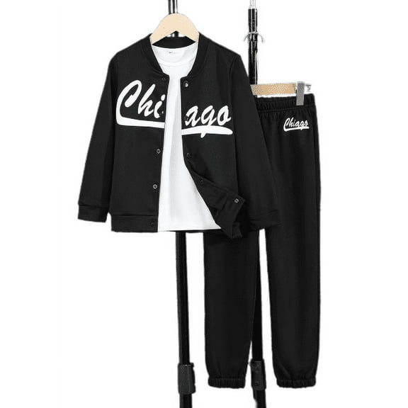 Mikrdoo 13T Big Boys Casual Outfits 13-14 Years Kid Boys Letter Graphics Buttons Long Sleeve Baseball Collar Shirt Tops Elastic Pants 2Pcs Clothing Set Black