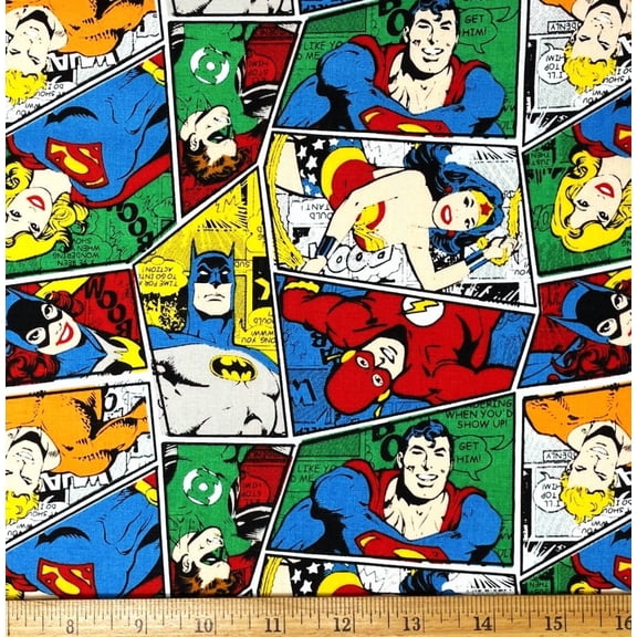 1 Fat Quarter - DC Comics Heros Superman Supergirl Green Lantern & More Cotton Fabric - 18" X 21"