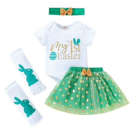 

MERSARIPHY Infant Girls Easter Outfits Letter Print Romper + Mini Skirt + Headband + Leg Warmers