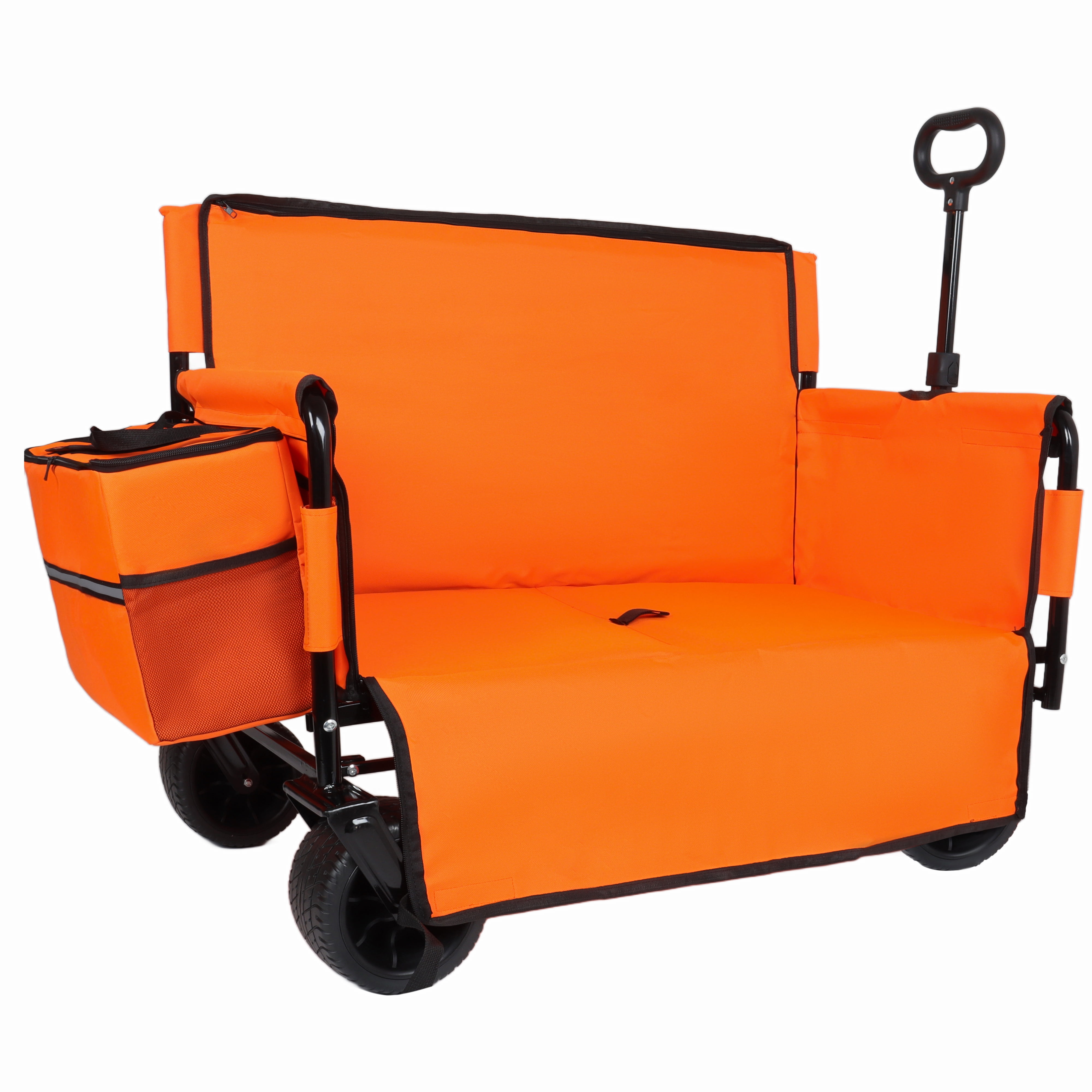 3-in-1 Folding Wagon Cart with Bench Seat, 500lbs Heavy-Duty Utility Wagon, 180L Capacity All-Terrain 360° Wheels with 1 Ice Pack for Camping Beach Sports Garden, Orange
