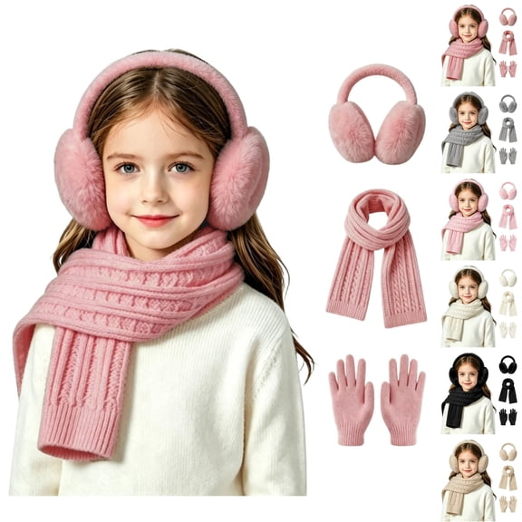Sentuca Kids Winter Hat Scarf Gloves Set, Earmuffs Knit Long Scarf Full Finger Gloves Daily Outdoor Travel Accessories for Boys Girls Size 3-12Y