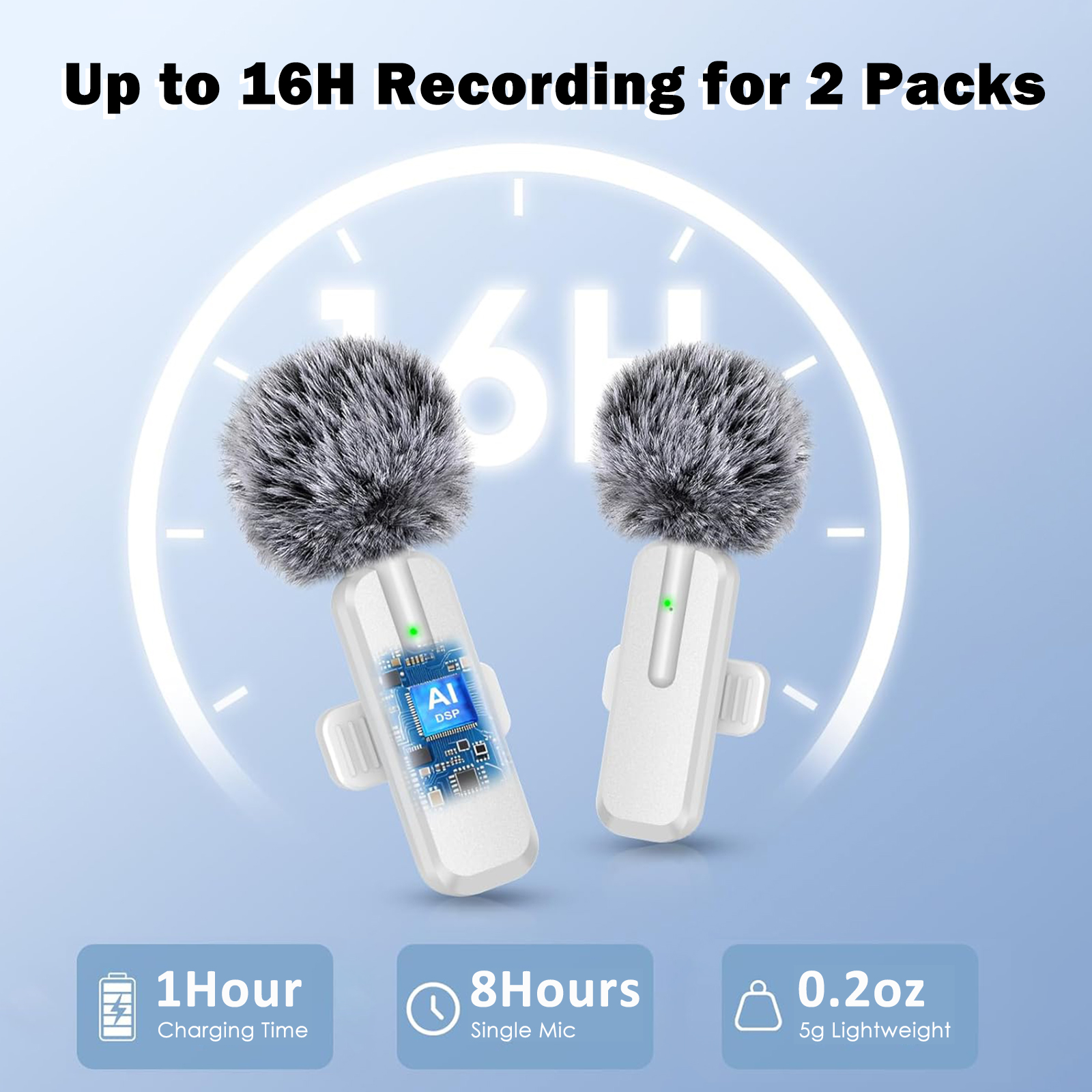 Wireless 2 Pack Clip-on Mini Microphone Compatible with iPhone iPad Android for Video Recording Tiktok Youtube Vlog Podcast, White