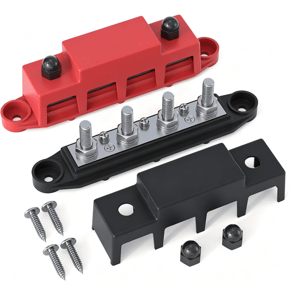 KUMEE Bus Bar 12V 250A Power Distribution Block 4 X 5/16"(M8) Studs | Marine Bus Bar, 12 Volt Battery Busbar, Terminal Block, Automotive, Car, Boat, Solar Wiring, Positive & Negative
