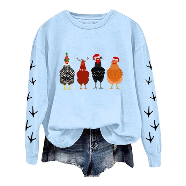 WEAIXIMIUNG Chandail en Molleton Court Grande Taille Noël Oversize Femmes Manches Longues Col Rond Chandails en Molleton Imprimé Poulet Léger Ample Haut