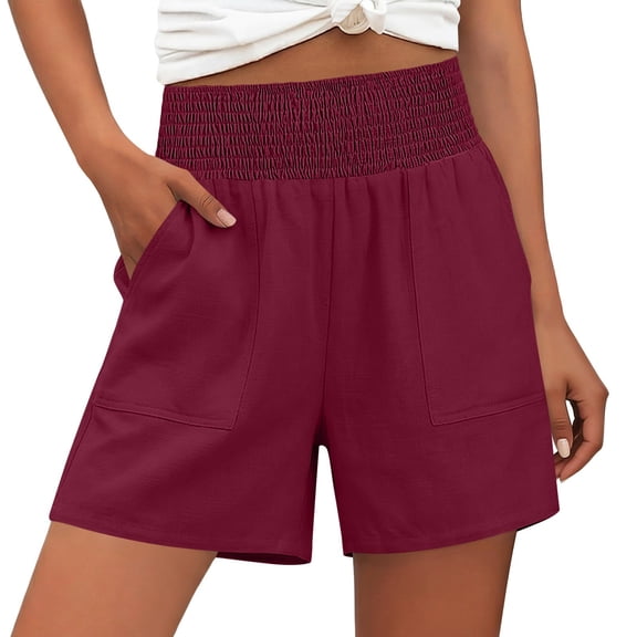 Womens Summer Shorts Casual Elastic High Waisted Bermuda Shorts Knee Length Loose Beach Shorts with Pockets (XL, Red)