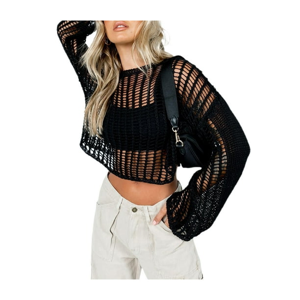Long-Sleeve Loose Cropped Waffle-Knit Easy T-Shirt for Women