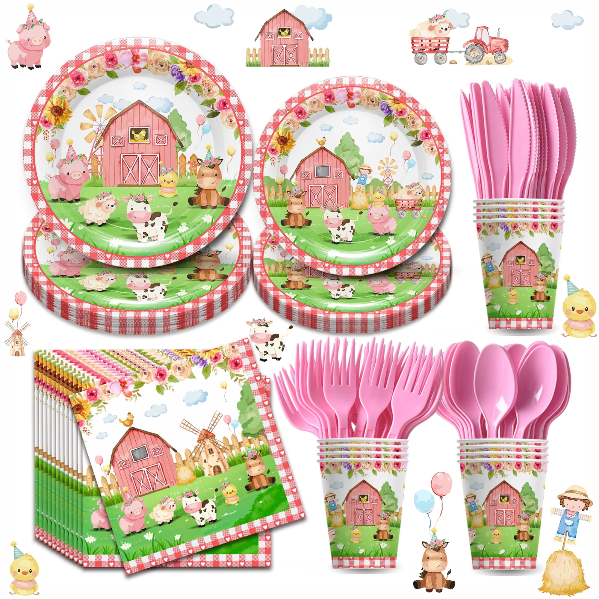168pcs Farm Animal Party Supplies Tableware Set - Farm Birthday Baby Shower Decorations Include Plates, Cups, Napkins, Cutlery, Farm House Animal Barnyard Theme Party Supplies | Serves 24-Pink