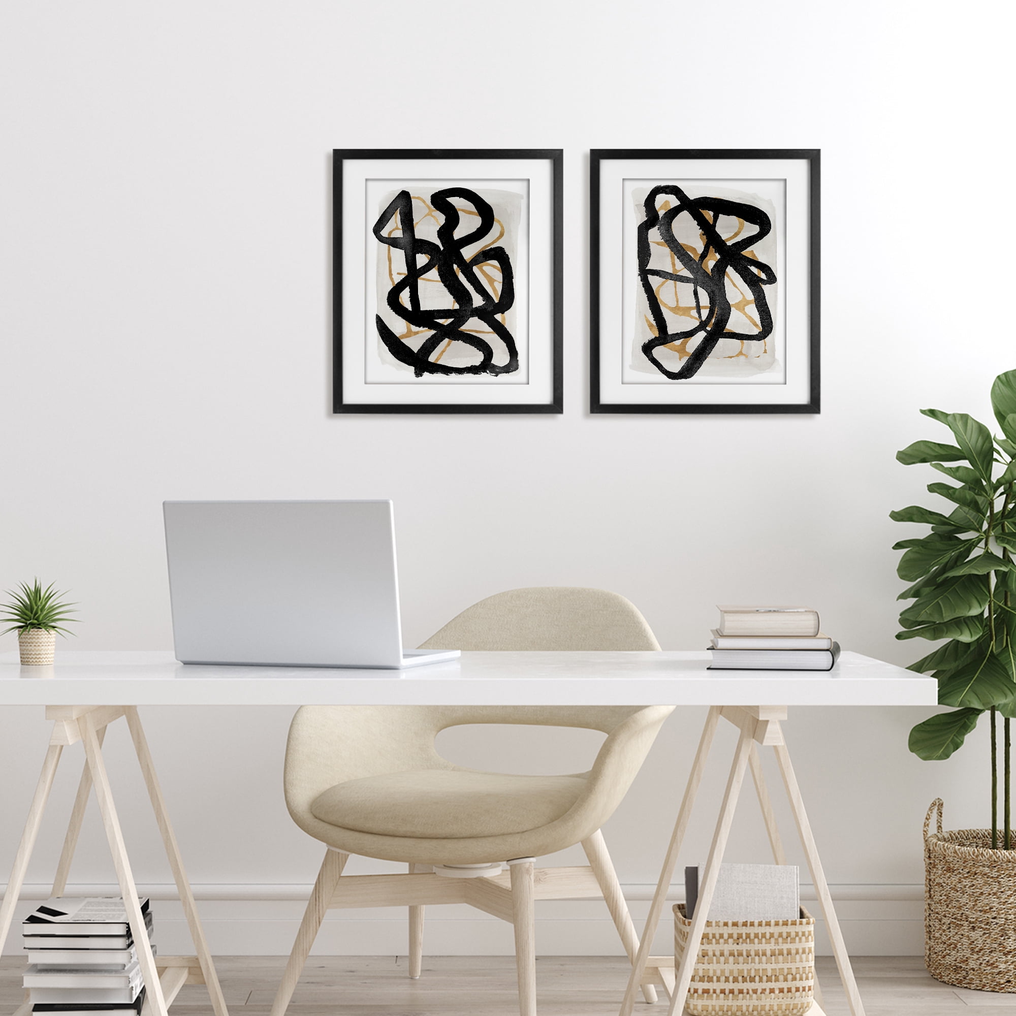 Stupell Industries Contemporary Hindsight Squiggles 2 Piece Black Framed Print Under Glass Set, design by Lucille Price