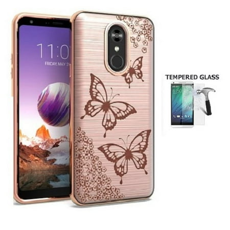 Pro One Chrome Cover - LG Stylo 4 Case, LG Q Stylus 4 Case, LG Stylo 4 Plus Case, Dual Layer Chrome Edge TPU Cover and Brushed Style Case + Tempered Glass Screen Protector (Rose Gold Chrome Edge- Butterflies)