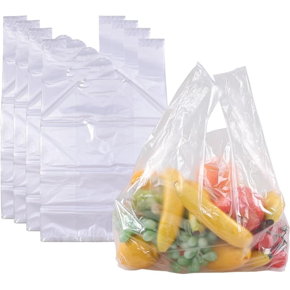 NOGIS 50pcs Plastic T-Shirt Bags with Handles, 18 x 12 Inch Clear Shopping Bag in Bulk for Small Business Supermarket Restaurant Grocery, Reusable Carry out Retail Bags