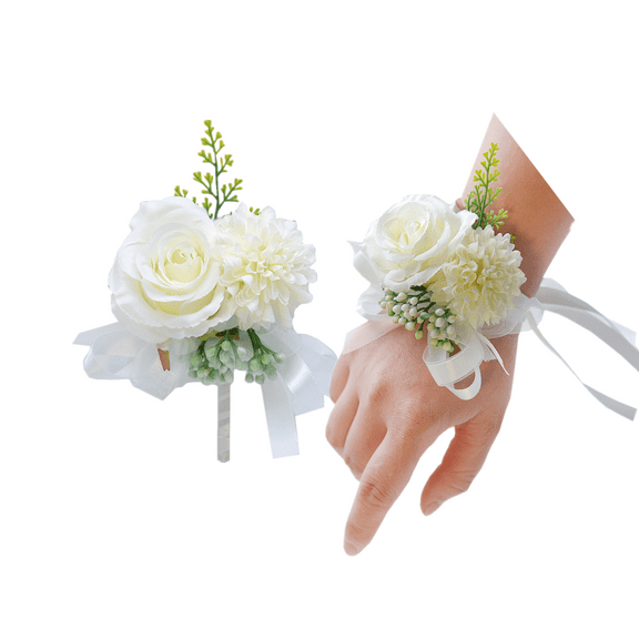 2 Pack Flower Wrist Corsage Boutonniere Set,3" Artificial Rose and Carnation Handmade Silk Flower for Wedding Flowers Accessories Prom Suit Décor