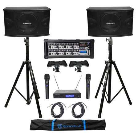 2) Rockville KPS10 10" 1200w Karaoke Speakers Mixer Tripod Stands Wireless Mics