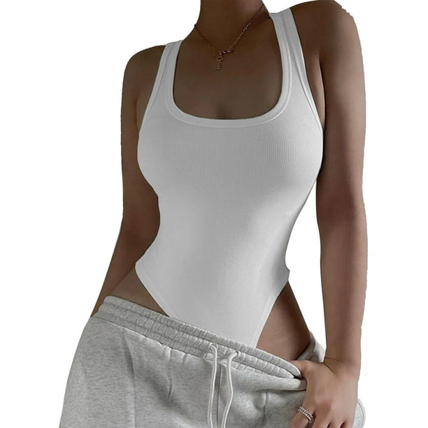 Camiseta Sin Mangas para Mujer Body Cuello en U Profundo Sin Mangas Sin Espalda Elastico Adelgazante Color Solido Punto Camiseta Sin Mangas De Una Pieza Mono S Blanco Walmart en linea