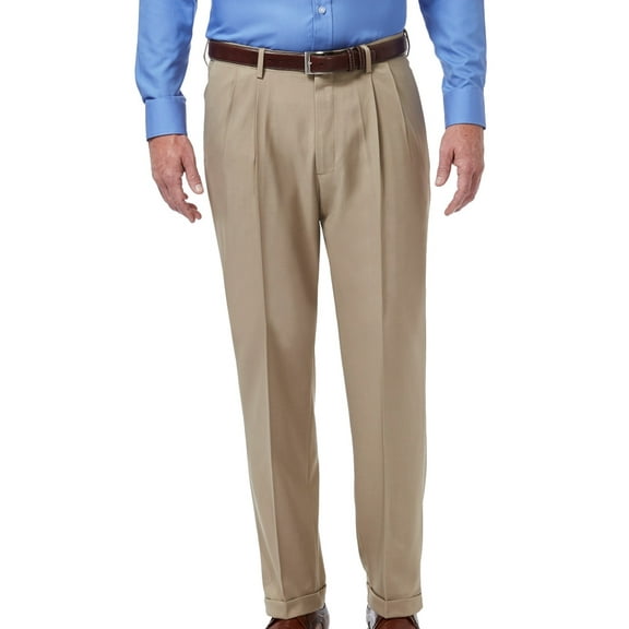 Haggar Mens Dress Pants 42X32 Pleated Classic Fit Stretch Beige 42