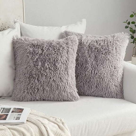 Eryueer Pack of 2 Faux Fur Throw Pillow Cover Fluffy Soft Decorative Square Pillow covers Plush Case Faux Fur Cushion Covers For Livingroom Sofa Bedroom 20 x 20Inch 50 x 50 cm Grey