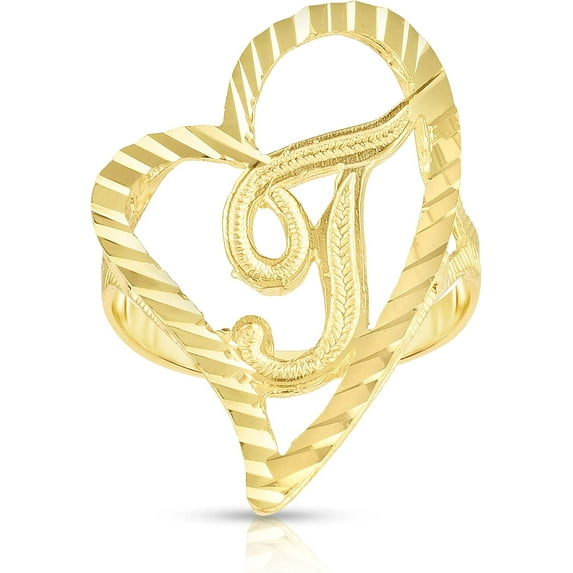 Floreo 10k Yellow Gold A-Z Cursive Letter and Heart Initial Ring, Large Heart (1.1")
