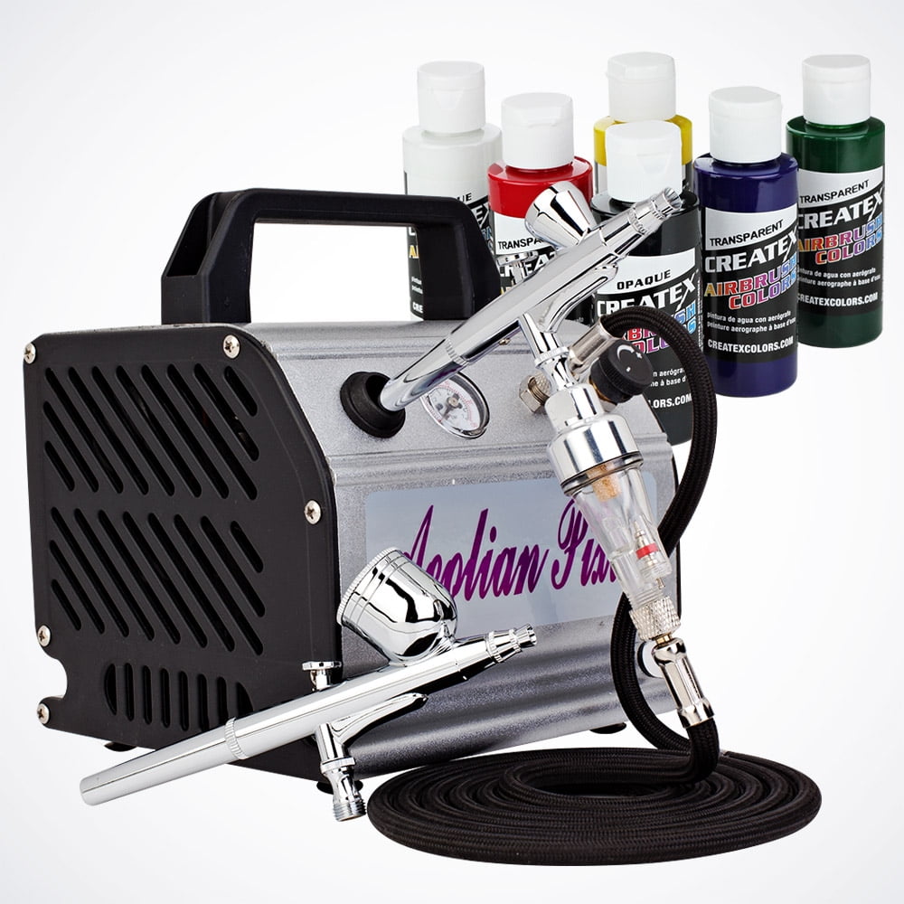 Pro DualAction Airbrush Kit w/ Air Compressor Set 6 Createx Primary