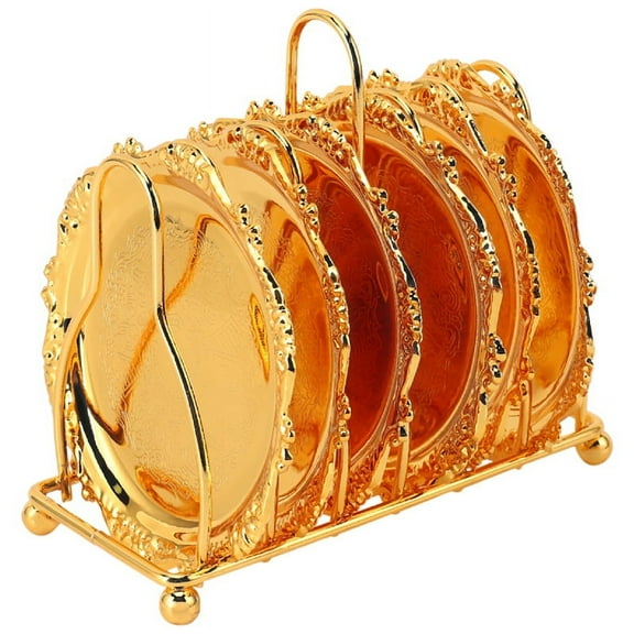 Series 6 Piece Drink Coaster Decorative Frame Non-Slip Metal Coaster Desktop Display With Pole Frame, Kitchen, Coffee Table Decoration (Gold)