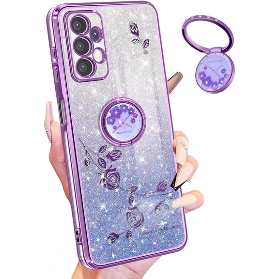 (3in1 for Samsung Galaxy A32 5G Case for Women Girls Glitter Girly Cute Bling Flowers Purple Phone Cases with Ring Stand Design Sparkle Floral Shiny Pretty Cover for Samsung A32 5G 6.5''
