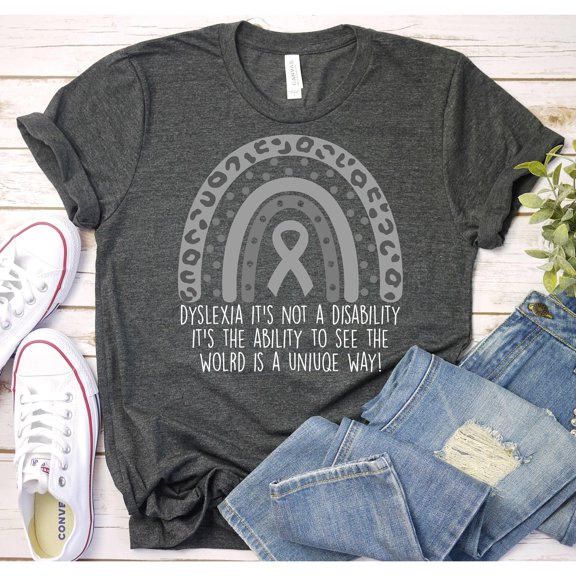 Dyslexia Awareness Ribbon Rainbow Graphic T-Shirt, Unisex Classic Fit, Cotton-Rich, 180 GSM