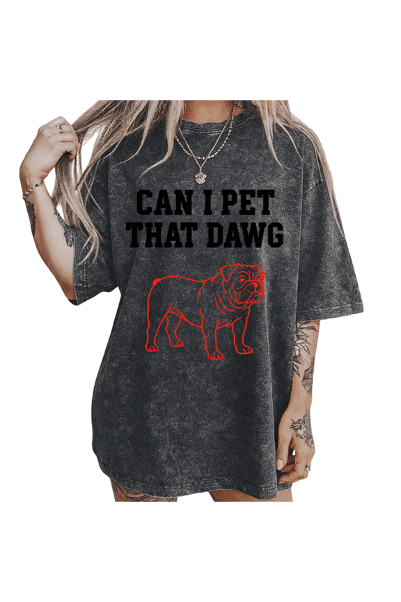 Black Washed Red Dog Meme Bulldog Can I Pet That Dawg Print Tshirt Graphic Tees Shirts Tops S-2XL