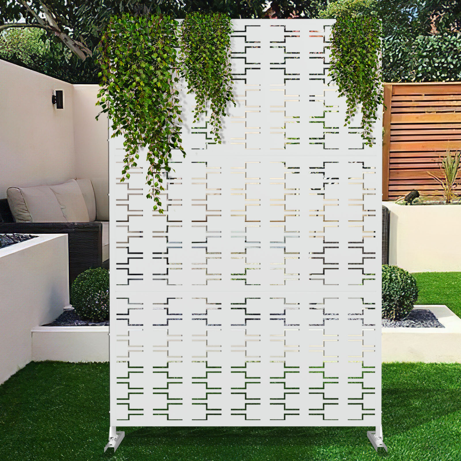 MAYEERTY 72×47" Outdoor White Metal Privacy Panel Screen for Backyard & Garden, Geometric Brick Pattern